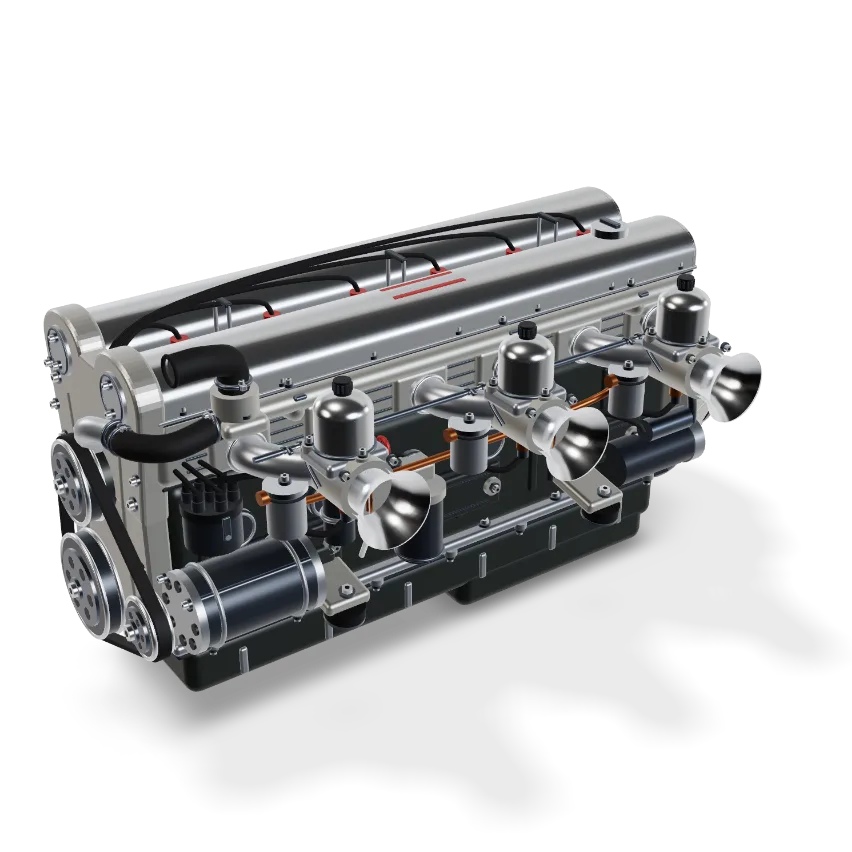 Jaguar XK-inspired inline-six engine with sealed polished aluminum cam covers, triple carburetors and curved exhaust headers.